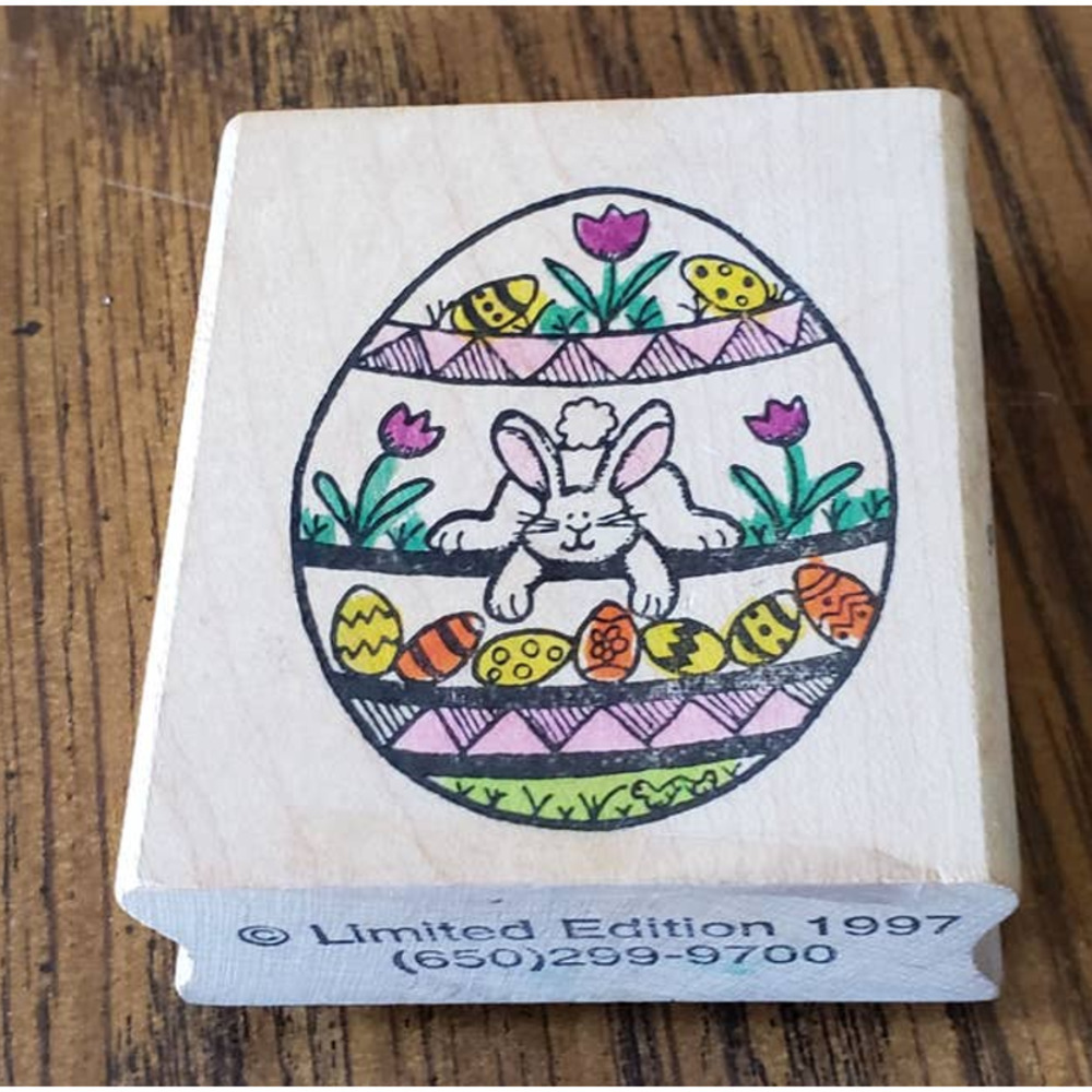 Vintage 1997 Limited Edition Easter Bunny Egg Wood Mounted Rubber Stamp